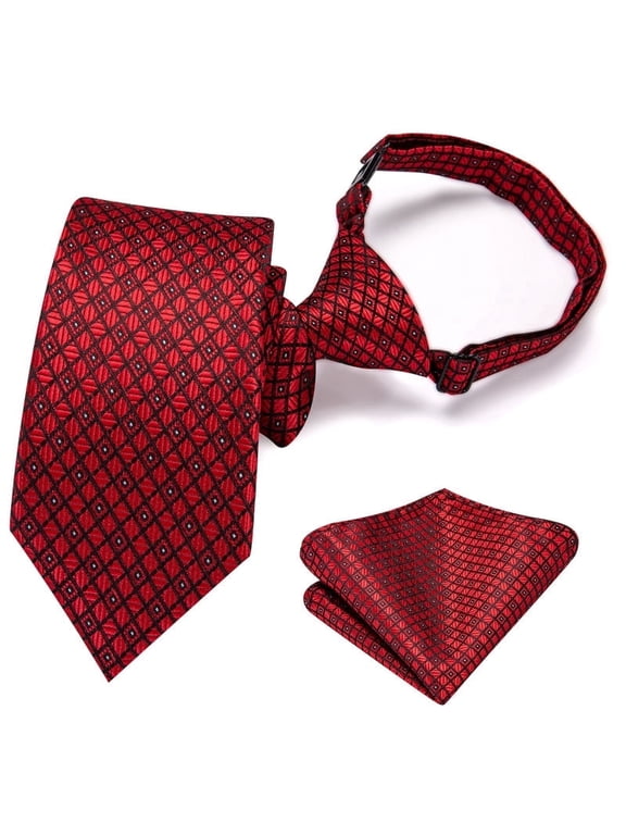Boys Zipper Tie Set Red Plaid Silk Pre-Tied Necktie with Pocket Square for Kids Age 8-12 Wedding Graduation Uniform