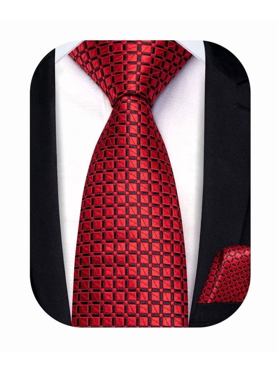 Boys Red Plaid Silk Ties Self-Tie Set with Pocket Square for Kids Age 8-12 Wedding Party Graduation