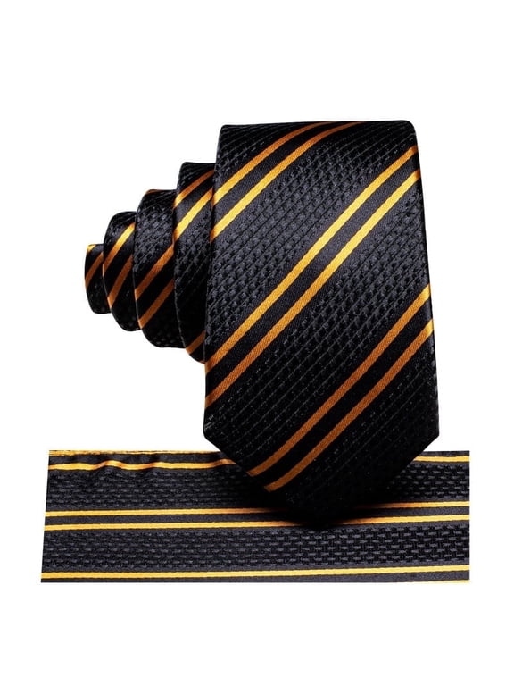 Boys Black and Gold Striped Silk Tie Self-Tie Set with Pocket Square for Kids Age 8-12 Wedding Party School