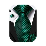 Hi-Tie Emerald Green Tie Sets Silk Business Plaid Necktie and Handkerchief Cufflinks 3pcs for Festival Party