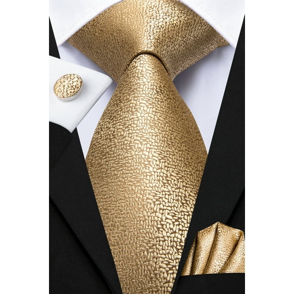 Hi-Tie Gold Silk Ties for Men with Pocket Square and Cufflinks Set Formal Business