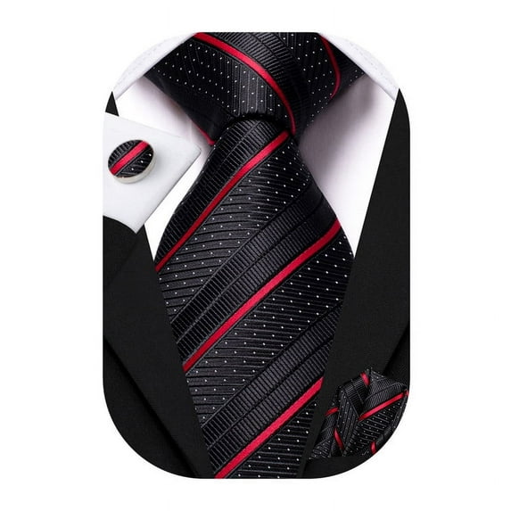 Hi-Tie Men Black Red Stripes Tie Sets Silk Formal Neckties Pocket Square Cufflinks Set for Wedding