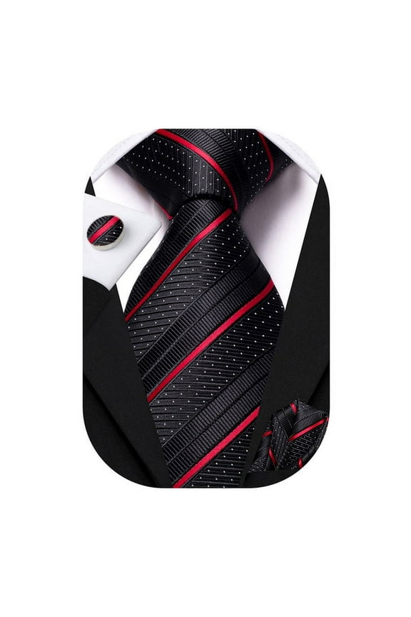 Men Black Red Stripes Tie Sets Silk Formal Neckties Pocket Square Cufflinks Set for Wedding