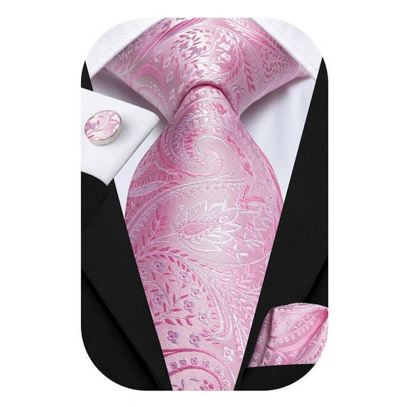 Hi-Tie Men Pink Paisley Tie Pocket Square Sets Jaquard Silk Necktie Cufflinks Set for Wedding Party