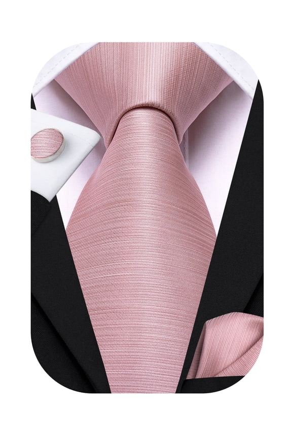 Men Pink Tie Rose Pink Necktie with Pocket Square Cufflinks Set for Wedding Party