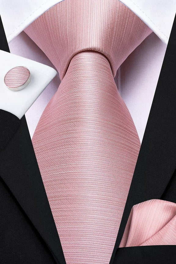 Men Pink Tie Rose Pink Necktie with Pocket Square Cufflinks Set for Wedding Party