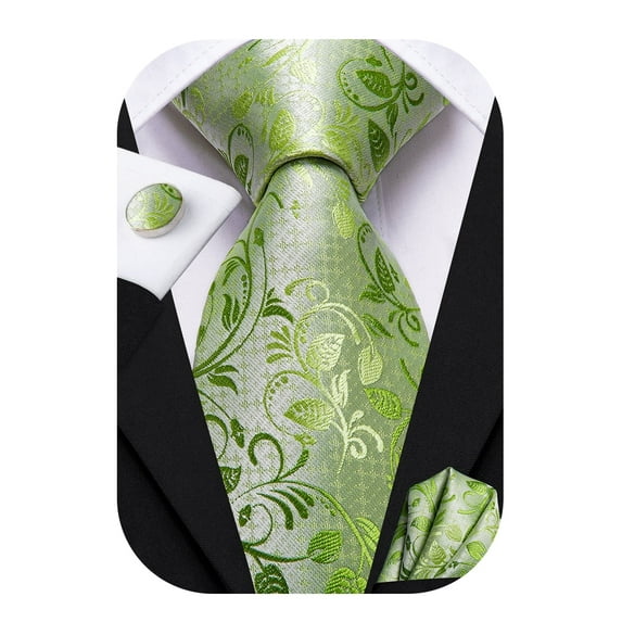 Hi-Tie Men Sage Green Tie Sets Jacquard Silk Floral Necktie Handkerchief Cufflinks Set for Wedding Party