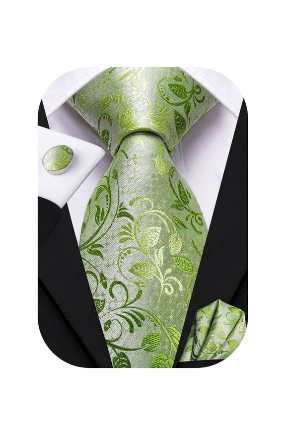 Men Sage Green Tie Sets Jacquard Silk Floral Necktie Handkerchief Cufflinks Set for Wedding Party