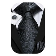 Hi-Tie Mens Black Tie and Pockets Square Sets Paisley Silk Necktie Cufflinks Sets for Formal Business