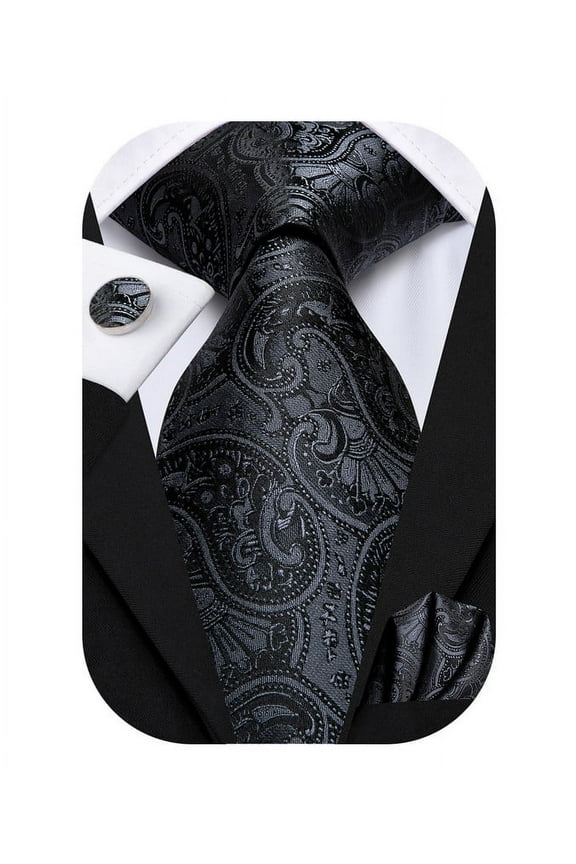 Mens Black Tie Pockets Square Sets Paisley Silk Necktie Cufflinks for Formal Business