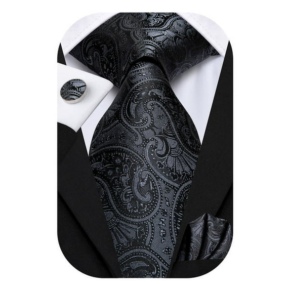 Hi-Tie Mens Black Tie Pockets Square Sets Paisley Silk Necktie Cufflinks for Formal Business