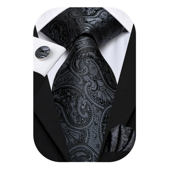 Hi-Tie Mens Black Tie Pockets Square Sets Paisley Silk Necktie Cufflinks for Formal Business