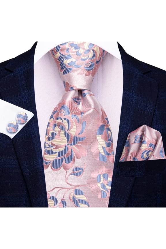 Pink Blue Floral Ties Set for Men Silk Elegant Necktie Pocket Square Cufflinks Set for Wedding Party