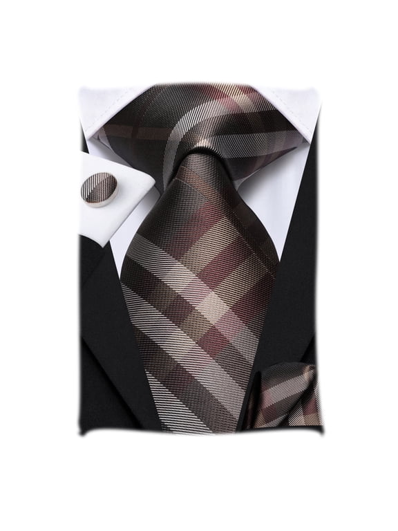 Mens Brown Grey Checkered Silk Tie Set Woven Necktie Pocket Square Cufflinks for Wedding Business