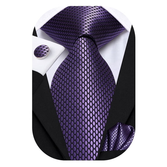 Hi-Tie Mens Dark Purple Honeycomb Textured Tie Set Silk Formal Necktie Pocket Square Cufflinks Set for Business Wedding Party