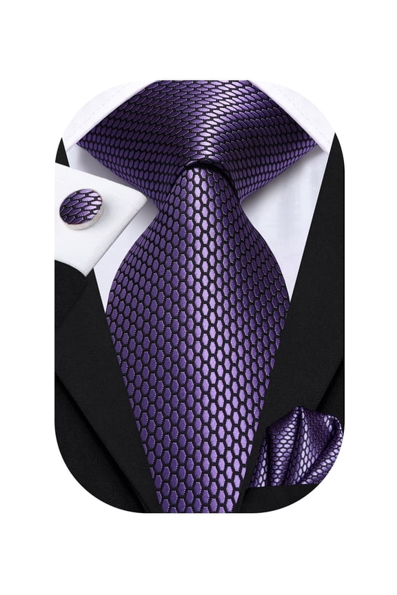 Mens Dark Purple Honeycomb Textured Tie Set Silk Formal Necktie Pocket Square Cufflinks Set for Business Wedding Party