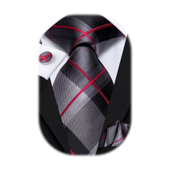 Hi-Tie Black and Red Plaid Tie for Men Silk Neckties Business Formal Suit Tie Set with Pocket Square Cufflinks