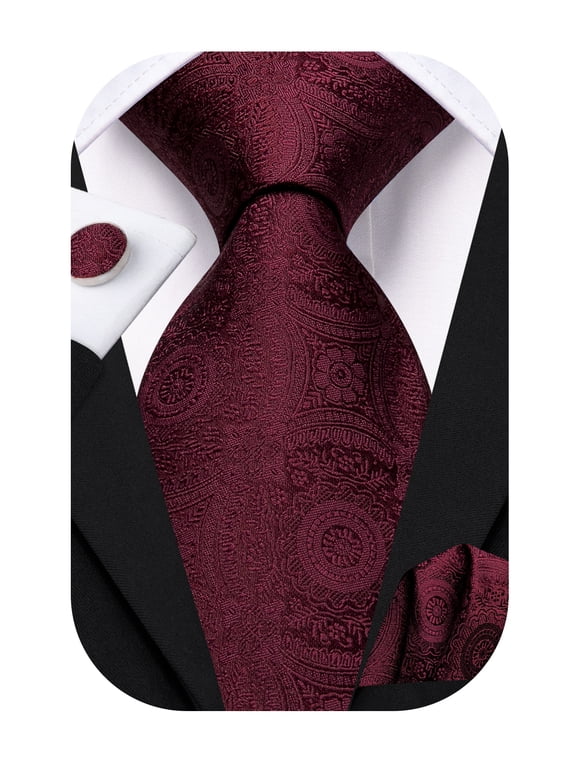 Burgundy Paisley Ties for Men Silk Formal Necktie Pocket Square Cufflinks for Wedding Party Tuxedo
