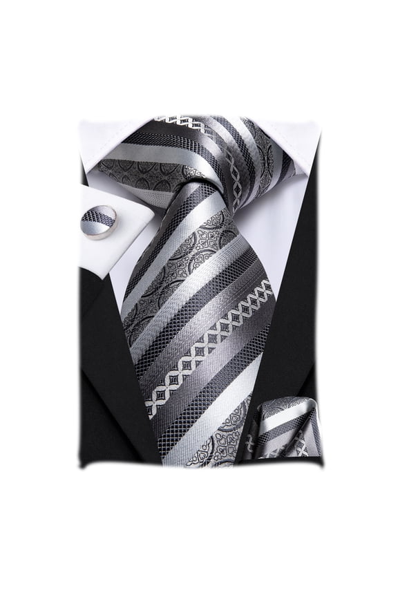 Man Silver Gray Tie and Pocket Square Set Woven Silk Striped Formal Necktie Handkerchief Cufflinks Set Wedding Party