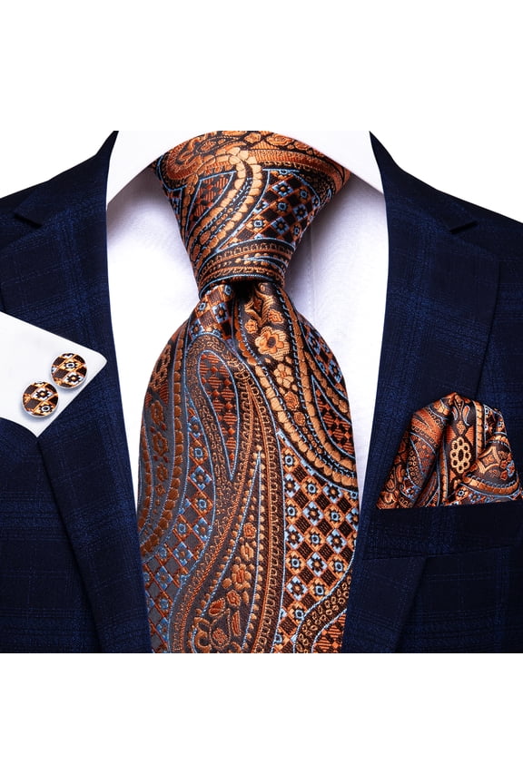 Men's Dark Orange Tie Set Woven Paisley Necktie and Lapel Pin Handkerchief Formal Necktie for Wedding