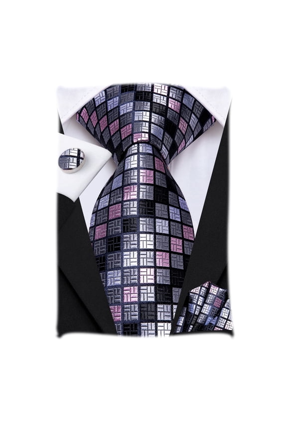 Mens Black Grey Pink Tie and Pockets Square Sets Paisley Silk Necktie Cufflinks Sets for Formal Business