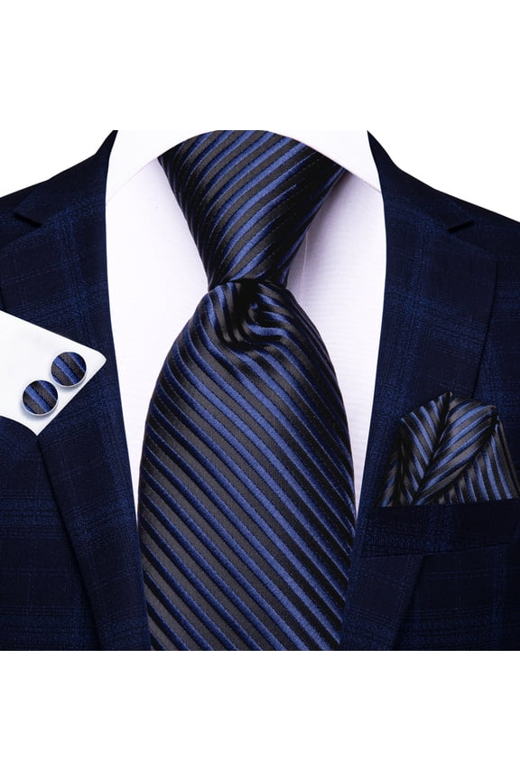Dark Blue Necktie and Pocket Square Set for Men Silk Fomal Tie Handkerchief Cufflink Set