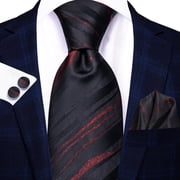 Hi-Tie Mens Black Burgundy Silk Striped Necktie Formal Tie Pocket Square Cufflinks for Wedding Business