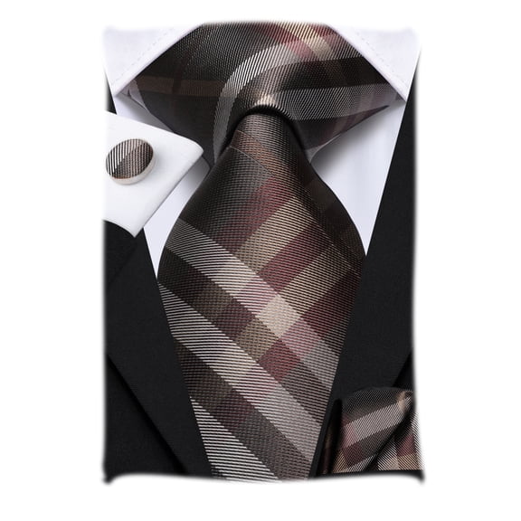 Hi-Tie Mens Silk Brown Plaid Tie for Men Classic Neckties with Pocket Square Cufflinks Set Formal Business