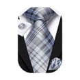 thumbnail image 1 of Hi-Tie Men's Grey and Blue Silk Plaid Tie Set Woven Formal Necktie Handkerchief Cufflinks for Wedding Party, 1 of 5