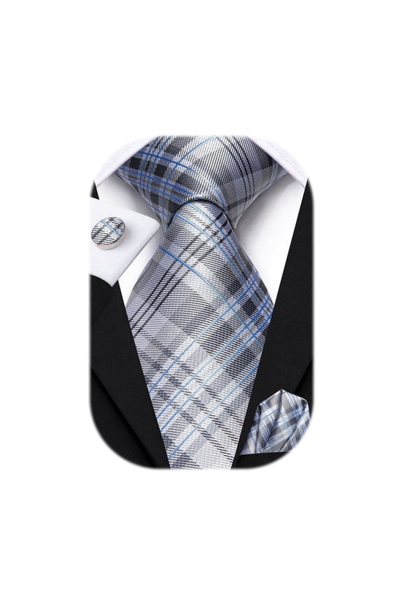Men's Grey and Blue Silk Plaid Tie Set Woven Formal Necktie Handkerchief Cufflinks for Wedding Party