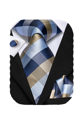 Mens Navy and Khaki Checkered Silk Tie Set Formal Plaid Necktie Pocket Square for Wedding Business