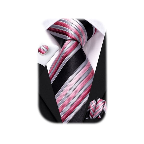 Hi-Tie Black Pink Ties for Men Wedding Formal Striped Necktie Handkerchief Cufflinks Set Prom Gifts