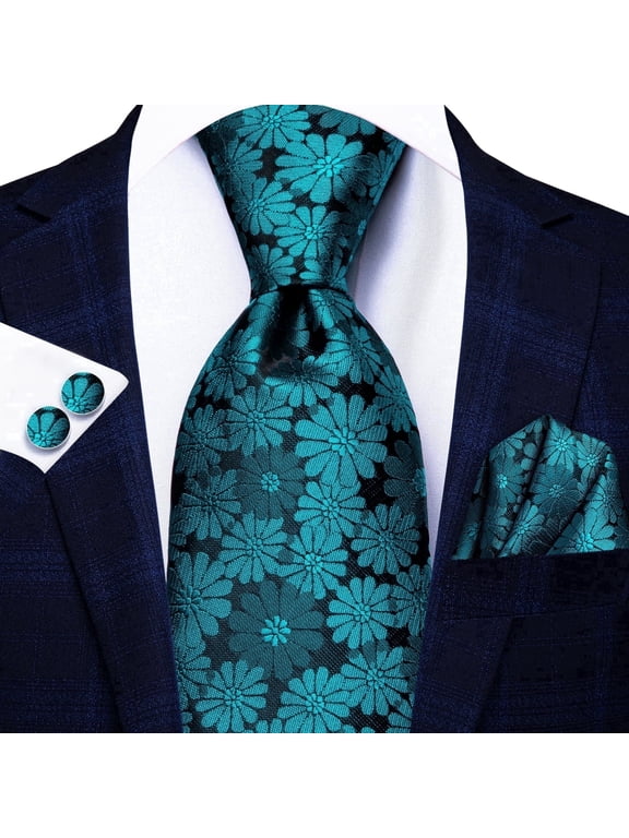 Mens Teal Floral Silk Necktie Formal Tie Pocket Square Cufflinks Set for Wedding Business