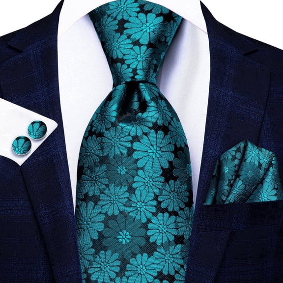 Hi-Tie Mens Teal Floral Silk Necktie Formal Tie Pocket Square Cufflinks Set for Wedding Business
