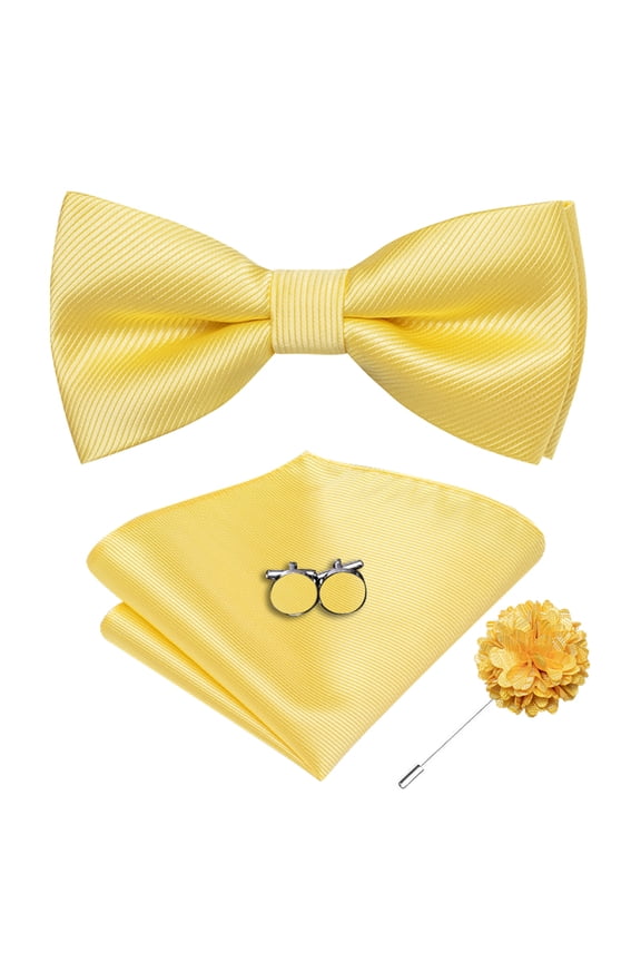 Light Yellow Silk Pre-Tied Bow Ties for Men Pocket Square Lapel Pin for Wedding Tuxedo