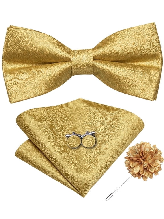 Men’s Gold Paisley Silk Pre-Tied Bow Tie Set with Pocket Square Lapel Pin for Wedding
