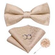 Hi-Tie Men's Champagne Silk Paisley Pre-Tied Bow Tie Set with Pocket Square Cufflinks for Wedding