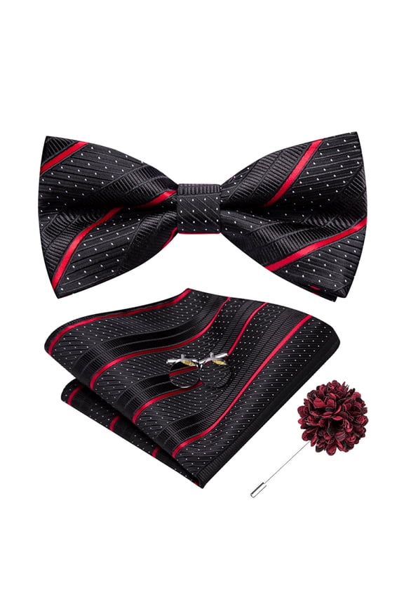 Men's Silk Black Red Pre-Tied Bow Tie Set with Pocket Square Cufflinks for Wedding Party