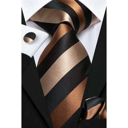 Hi-Tie Mens Brown and Black Striped Ties Silk Necktie with Pocket Square Cufflinks Set