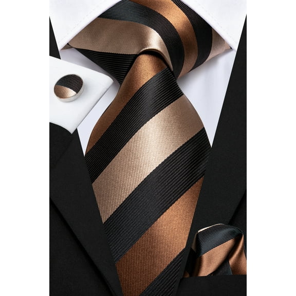 Hi-Tie Mens Brown and Black Striped Ties Silk Necktie with Pocket Square Cufflinks Set