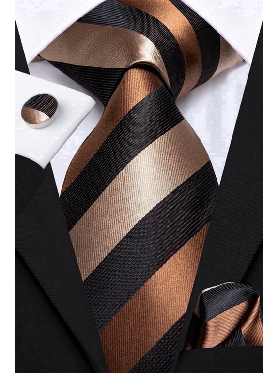 Mens Brown and Black Striped Ties Silk Necktie with Pocket Square Cufflinks Set