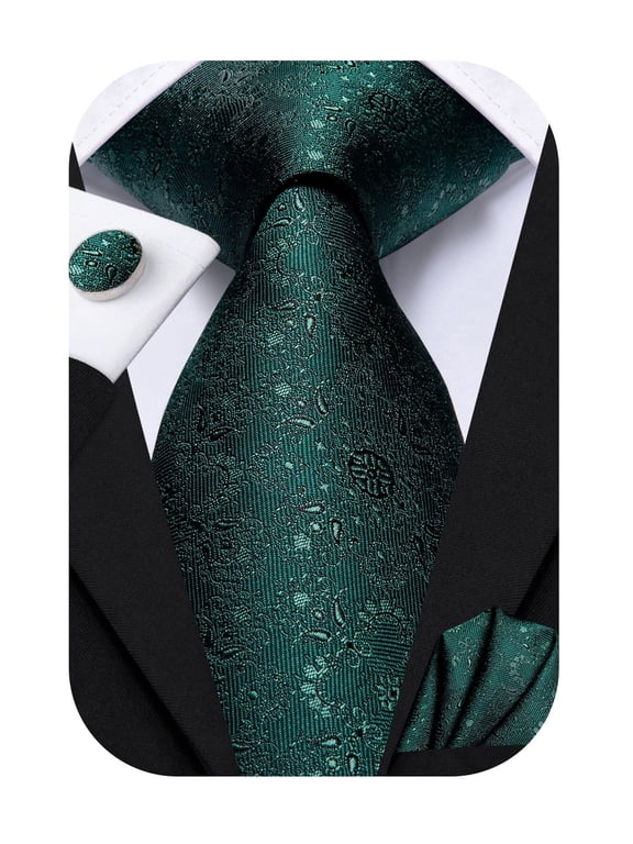 Mens Dark Green Ties Silk Paisley Necktie and Pocket Square Cufflinks Set