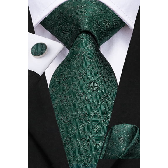 Hi-Tie Mens Dark Green Ties Silk Paisley Necktie and Pocket Square Cufflinks Set