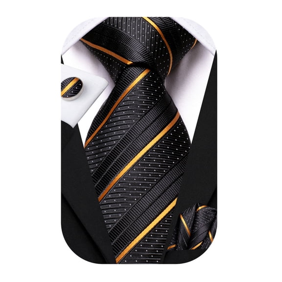 Hi-Tie Men's 70" Extra Long Black Gold Silk Striped Tie Set with Pocket Square Cufflinks for Wedding
