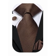 Hi-Tie Mens 70" Extra Long Brown Herringbone Silk Tie Set Pocket Square Cufflinks for Business Party