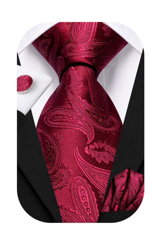 Men's 70" Extra Long Burgundy Paisley Silk Tie Set Pocket Square Cufflinks for Wedding Party