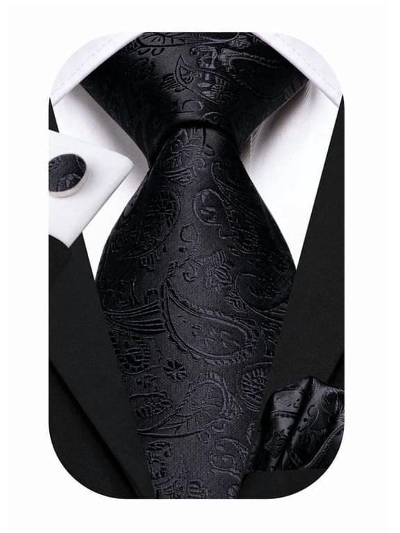 Men's 70" Extra Long Black Paisley Silk Tie Set Pocket Square Cufflinks for Wedding Party