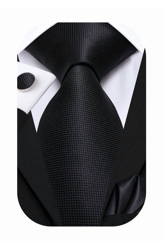 Men's 70" Extra Long Black Tie Set Silk Pocket Square Cufflinks Set for Wedding Business