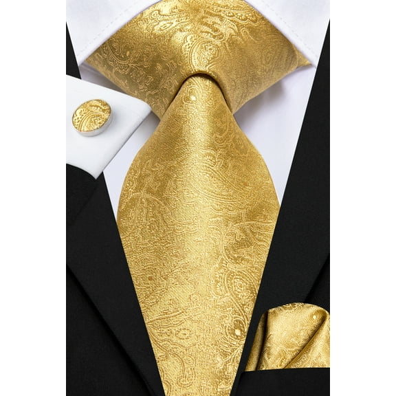 Hi-Tie Mens Gold Ties Silk Paisley Necktie and Pocket Square Cufflinks Set