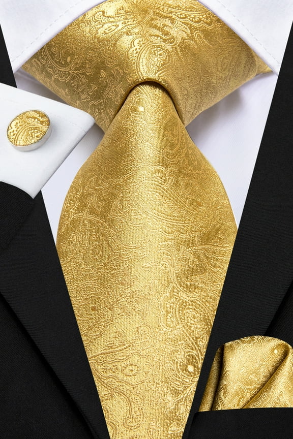 Mens Gold Ties Silk Paisley Necktie and Pocket Square Cufflinks Set